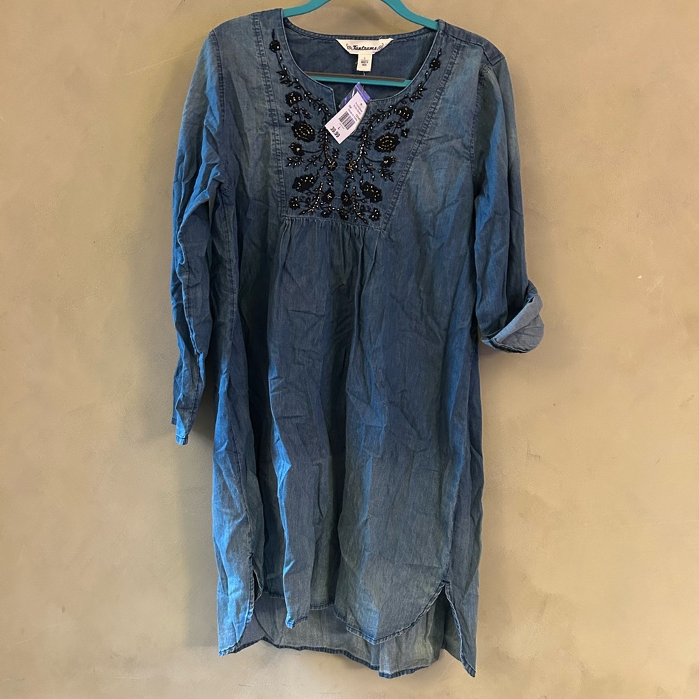 Tantrums Denim mini-dress with Black Beading and long sleeves/buttoned to 3/4.